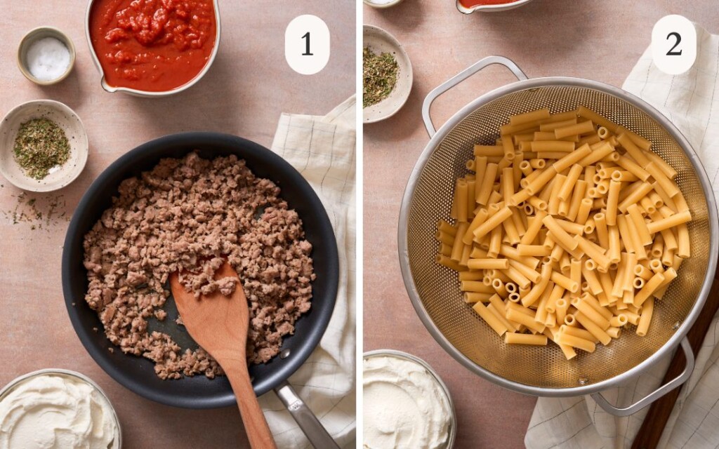a photo of browned sausage in a pan next to a photo of cooked ziti noodles in a colander