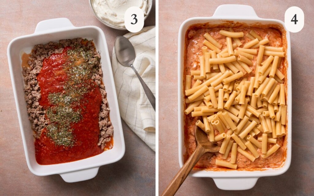 a photo of sausage, marinara sauce and italian seasoning in a casserole dish next to a photo of ziti noodles poured into the casserole dish