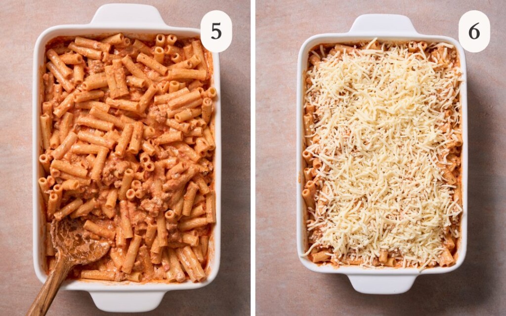 a photo of the stirred ziti mixture in a casserole dish next to a photo of mozzarella cheese sprinkled over the ziti mixture