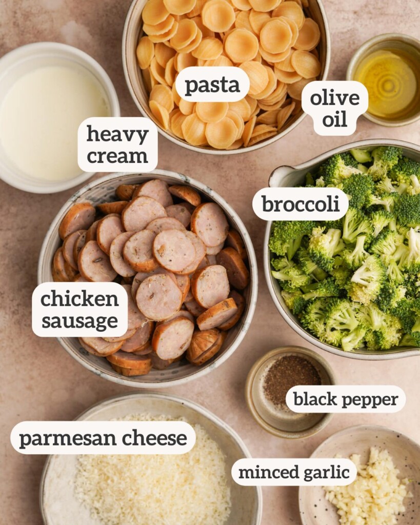 an above view photo of the ingredients for broccoli sausage pasta with labels on them
