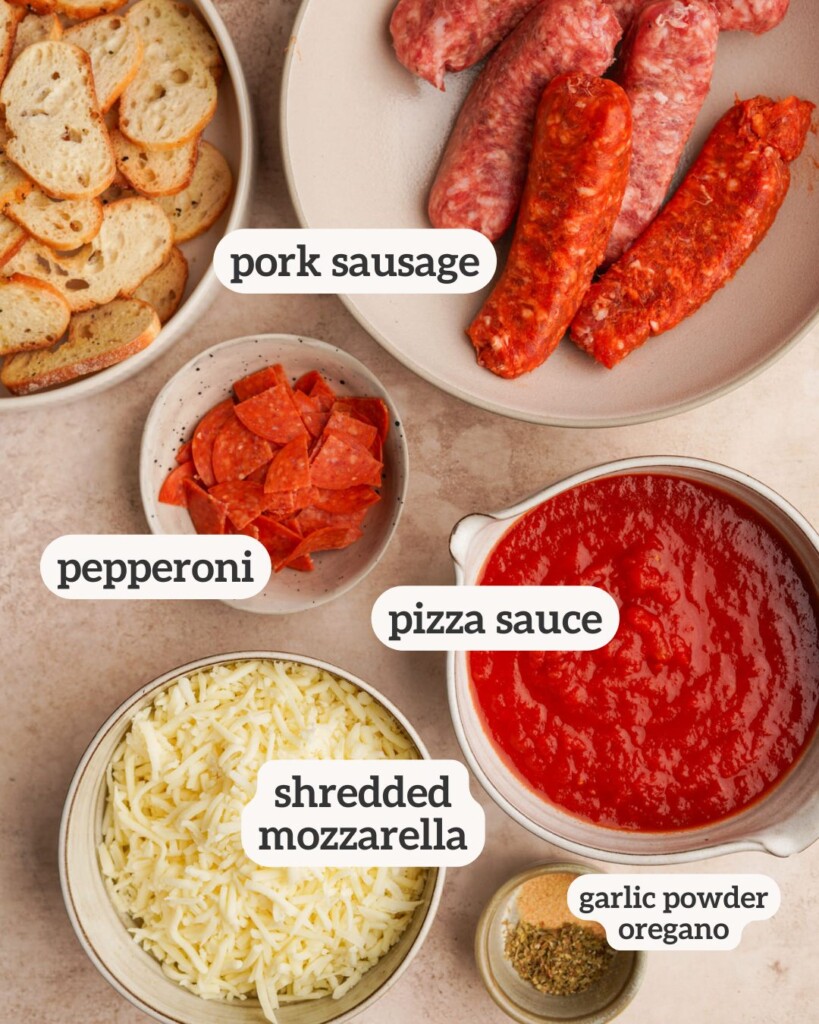 an above view photo of the ingredients for pizza dip with labels on them