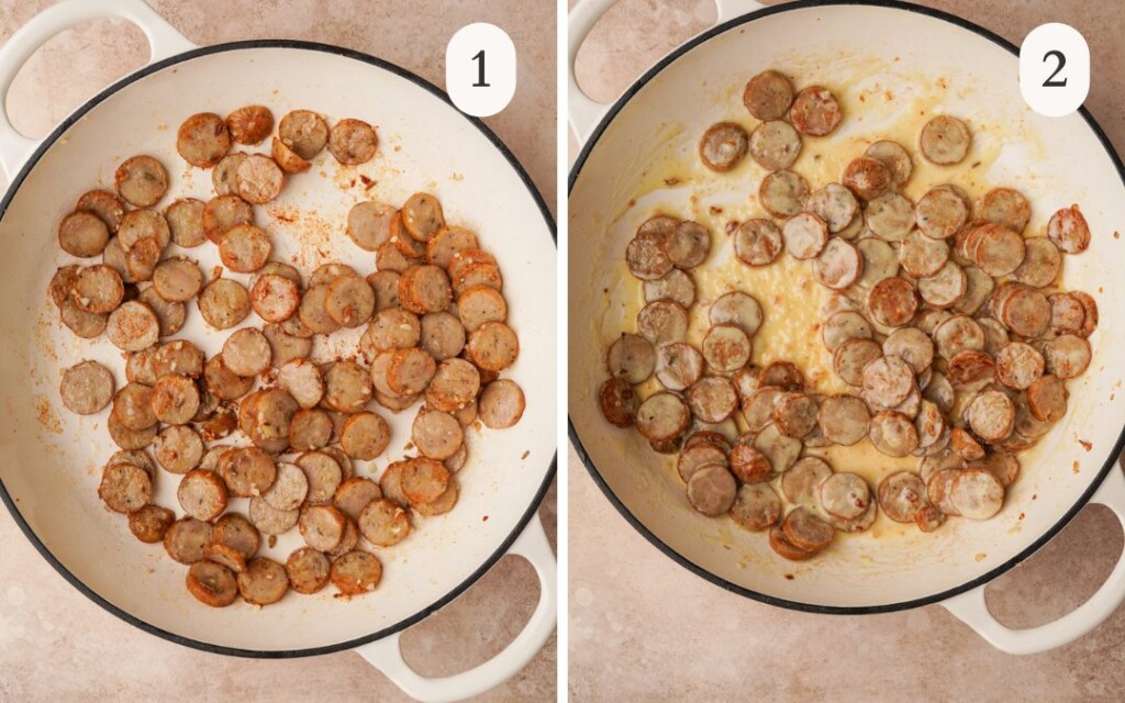 a photo of sausage slices in a white pot next to a photo of the sausage slices browned in the pot
