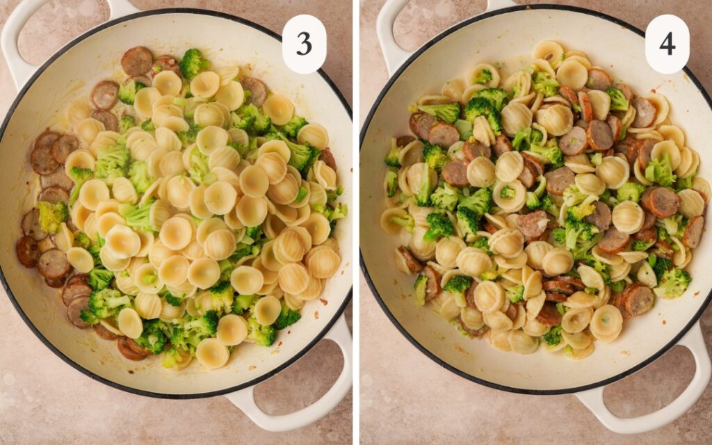 a photo of pasta shells and broccoli poured over sausage in the pot next to a photo of the broccoli sausage pasta mixed together in the pot