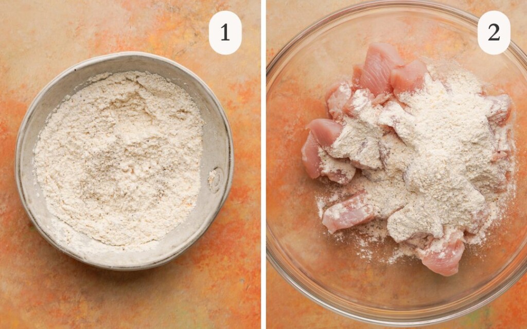 a photo of a bowl of flour next to a photo of a bowl with cubed chicken and the flour poured on top