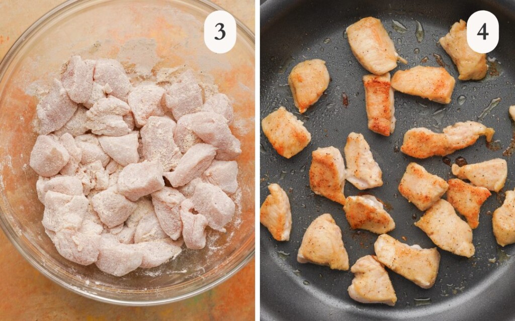 a photo of cubed chicken tossed in the flour mixture next to a photo of the cubed chicken cooking in a nonstick pan