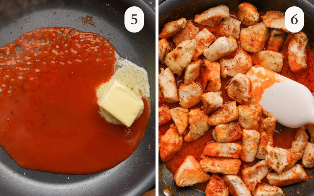 a photo of hot sauce and a pat of butter in a nonstick pan next to a photo of cubed chicken tossed in the hot sauce in the pan