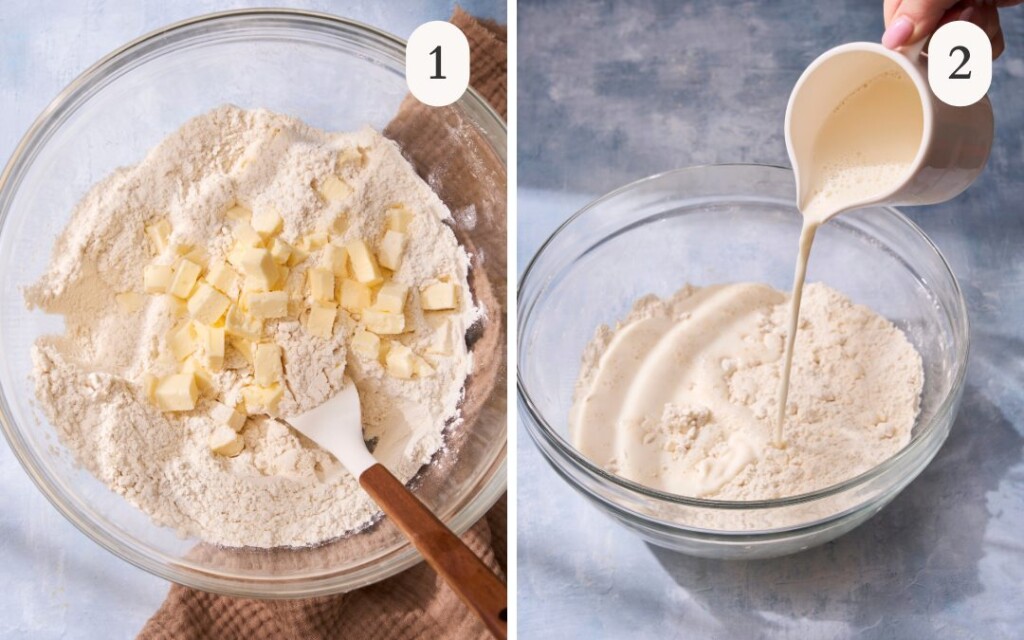 a photo of butter pats in flour in a clear bowl next to a photo of milk pouring into the bowl of flour