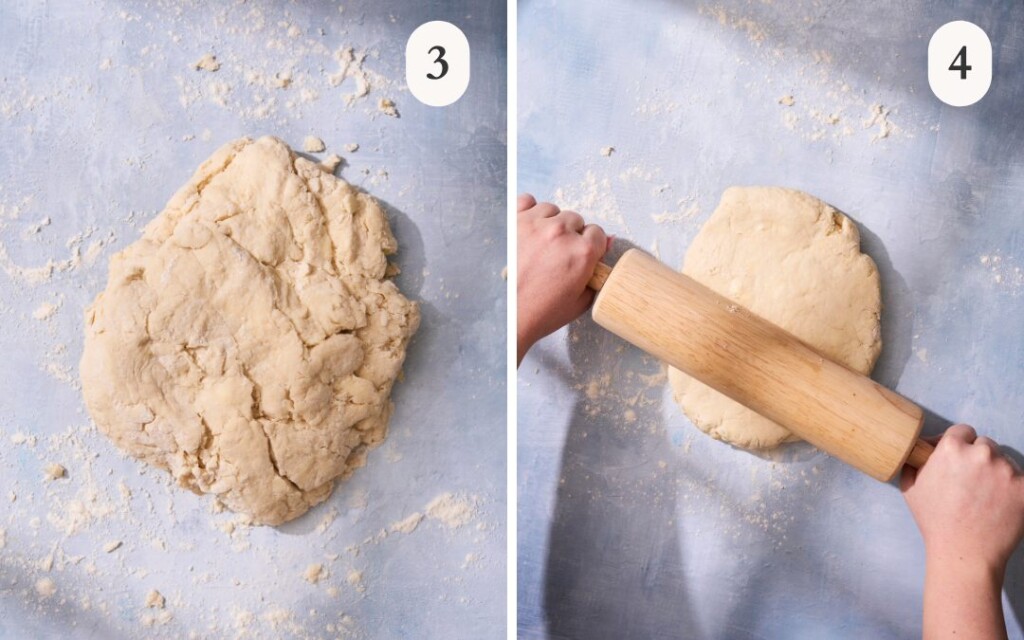 a photo of the biscuit dough next to a photo of rolling the dough with a roller