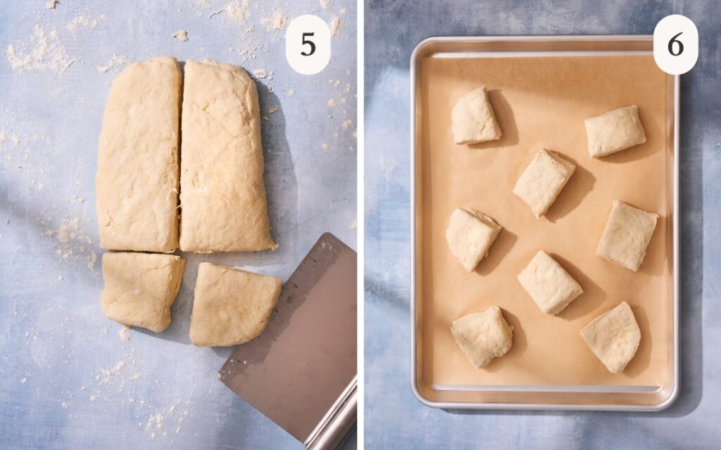 a photo of slicing the dough into biscuit sizes next to a photo of the biscuits on a baking sheet