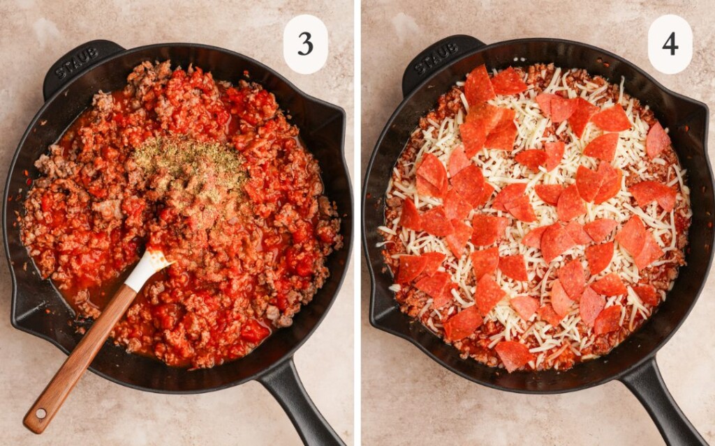 a photo of spices on top of sausage mixed with pizza sauce in a cast iron pan next to a photo of shredded mozzarella and pepperoni sprinkled on top of the sausage mixture in the pan
