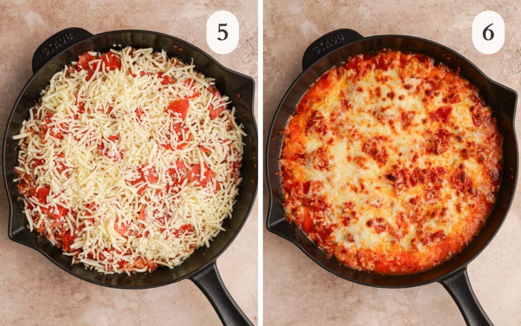 a photo of mozzarella cheese sprinkled on top of the pepperoni layer of the pizza dip in a pan next to a photo of the baked pizza dip in a pan
