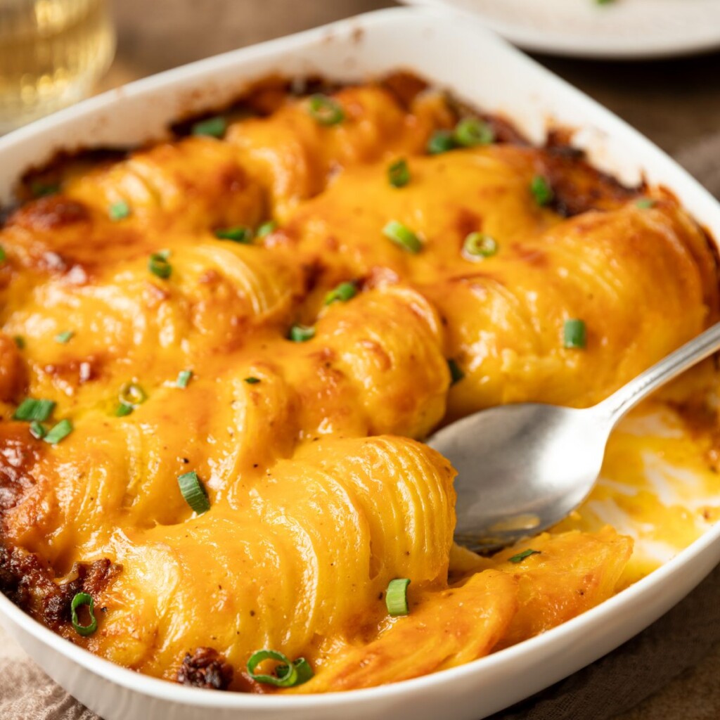 a close up photo of cheesy scalloped potatoes in a casserole dish