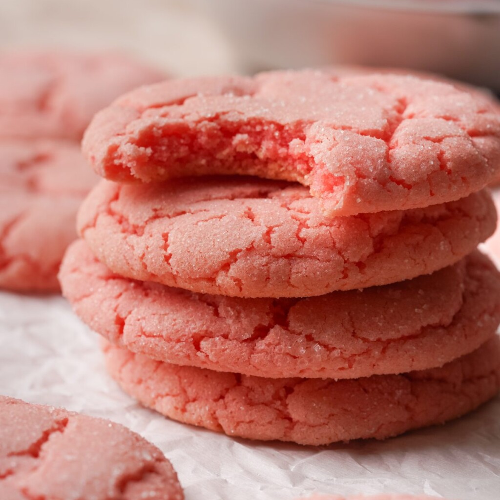 a side view photo of strawberry cake mix cookies stacked on top of each other