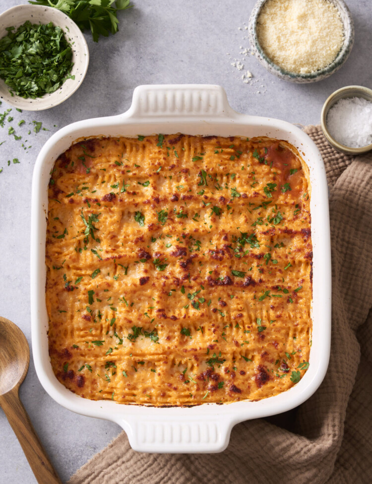 an above view image of sweet potato shepherds pie in a square white dish