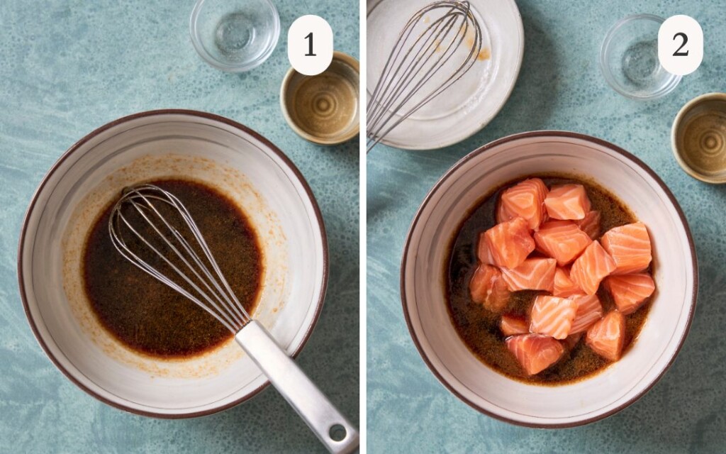 a photo of the marinade ingredients in a bowl with a whisk next to a photo of salmon cubes added to the bowl