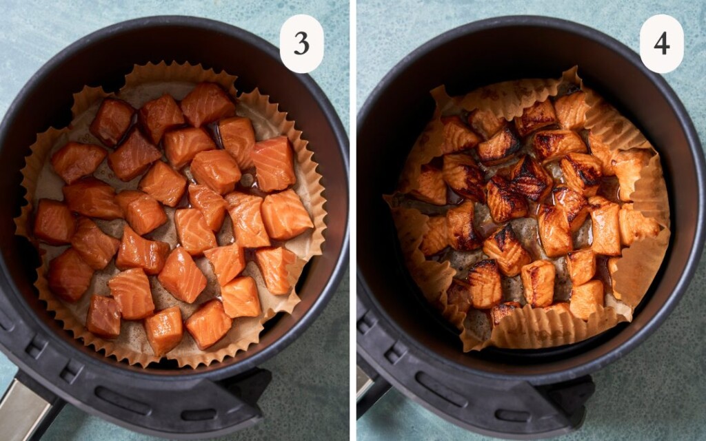 a photo of salmon bites in an air fryer basket next to a photo of cooked salmon bites in an air fryer basket