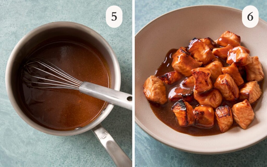 a photo of the marinade in a small saucepan with a whisk in it next to a photo of the sauce poured over the salmon bites in a bowl