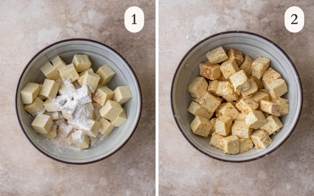 A picture of cubed extra firm tofu with cornstarch and seasonings next to a picture of tofu in a bowl tossed in the seasoning mixture