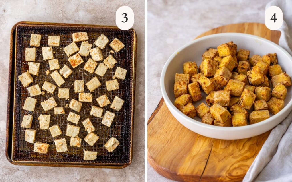 A picture of cubed tofu on an air fryer tray next to a picture of crispy air fryer tofu in a bowl