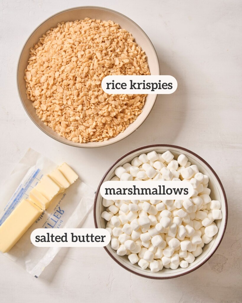 an above view image of the ingredients for browned butter rice krispie treats with labels on them