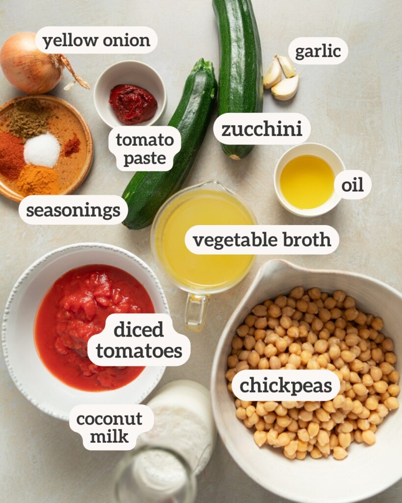 an above image view of the ingredients for chickpea stew with labels on them
