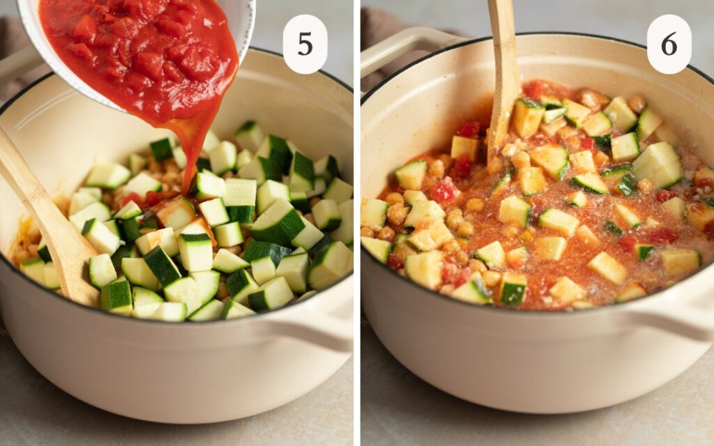 a photo of tomatoes pouring into the dutch oven next to a photo of a wooden spoon stirring everything in the pot