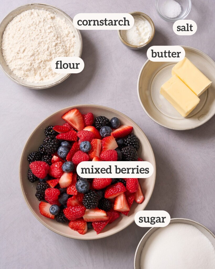 an above view photo of mixed berry cobbler ingredients with labels on them