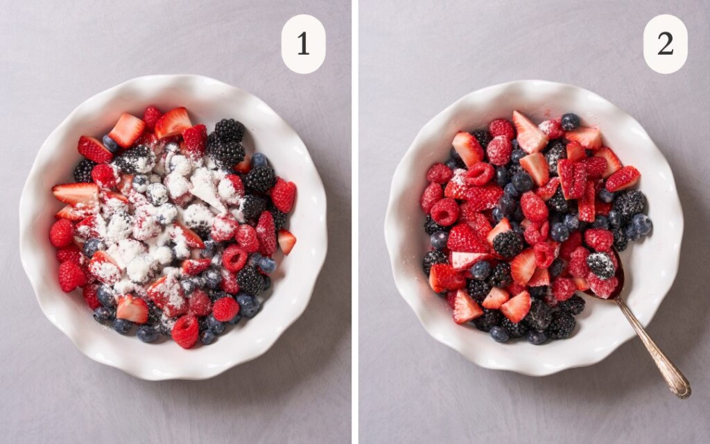 a photo of sugar on top of berries in a pie dish next to a photo of the sugar mixed into the berries