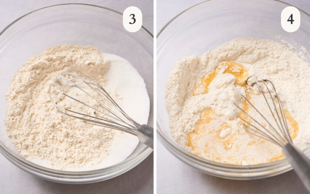 a photo of flour and sugar in a mixing bowl next to a photo of butter on top of the flour mixture in the mixing bowl