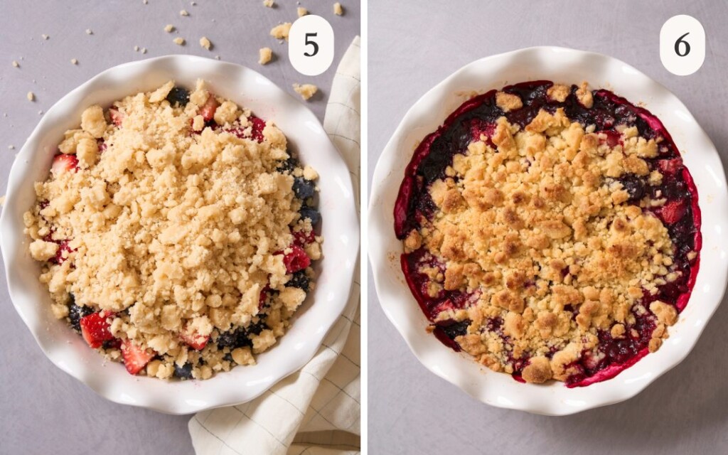 a photo of the cobbler topping on top of the berries next to a photo of the baked berry cobbler