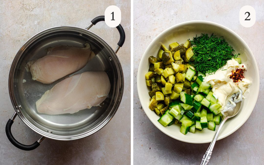 A picture of chicken breasts in a pot of water to be poached next to a picture of mayo, pickle juice, dill pickles, cucumbers and dill in a mixing bowl