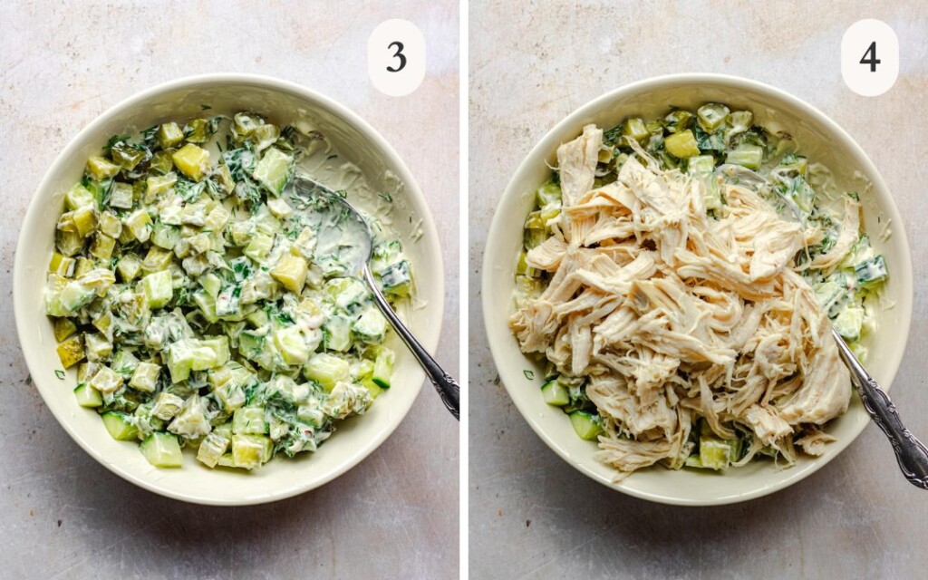 A picture of pickles, cucumber and pickle juice mixed with mayo in a mixing bowl next to a picture of shredded chicken breast over the rest of the ingredients for dill pickle chicken salad