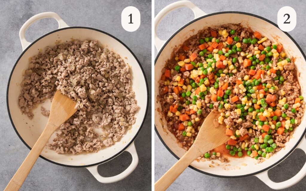 a photo of ground turkey in a pan next to a photo of the frozen vegetables on top of the ground turkey