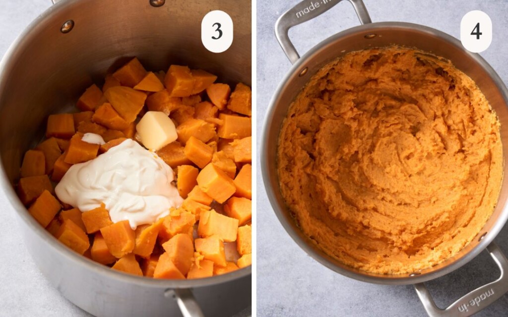a photo of sweet potatoes with butter and yogurt in a pot next to a photo of the whipped sweet potatoes in the pot