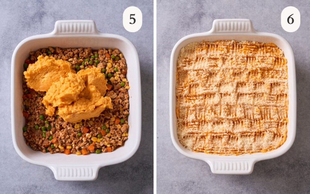 a photo of the shepherds pie meat layer in a white baking dish with a dollop of sweet potatoes on top next to a photo of the sweet potato layer spread evenly over the meat