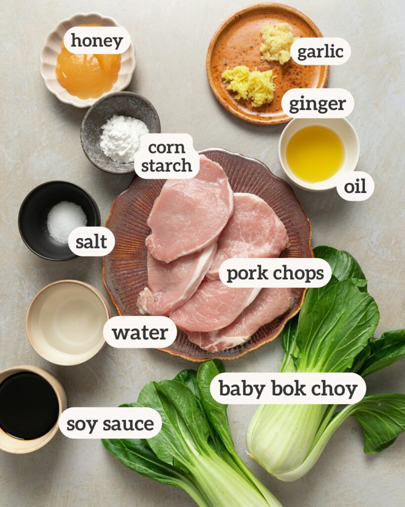 an above image photo of the ingredients for teriyaki pork chops with labels on them