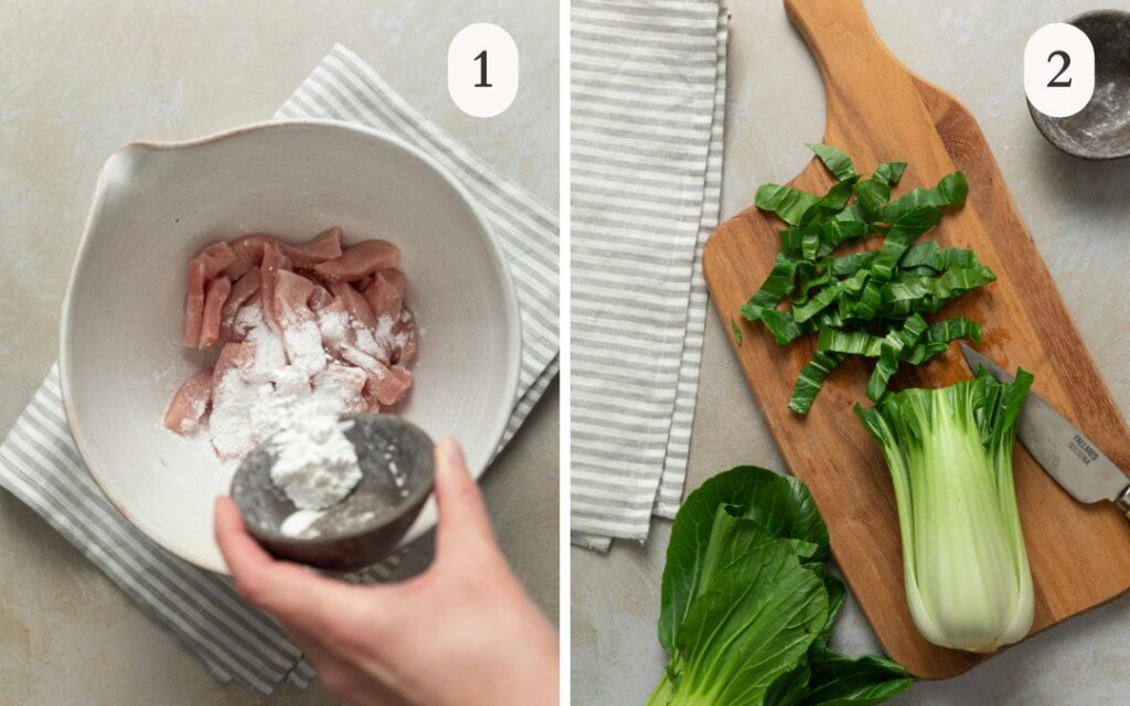 a photo of corn starch sprinkling over pork chops next to a photo of partially chopped bok choy