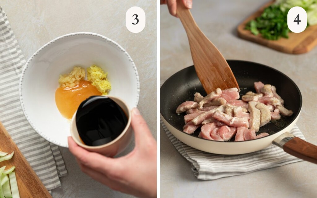 a photo of soy sauce pouring into a bowl of teriyaki sauce ingredients next to a photo of pork cooking in a pan