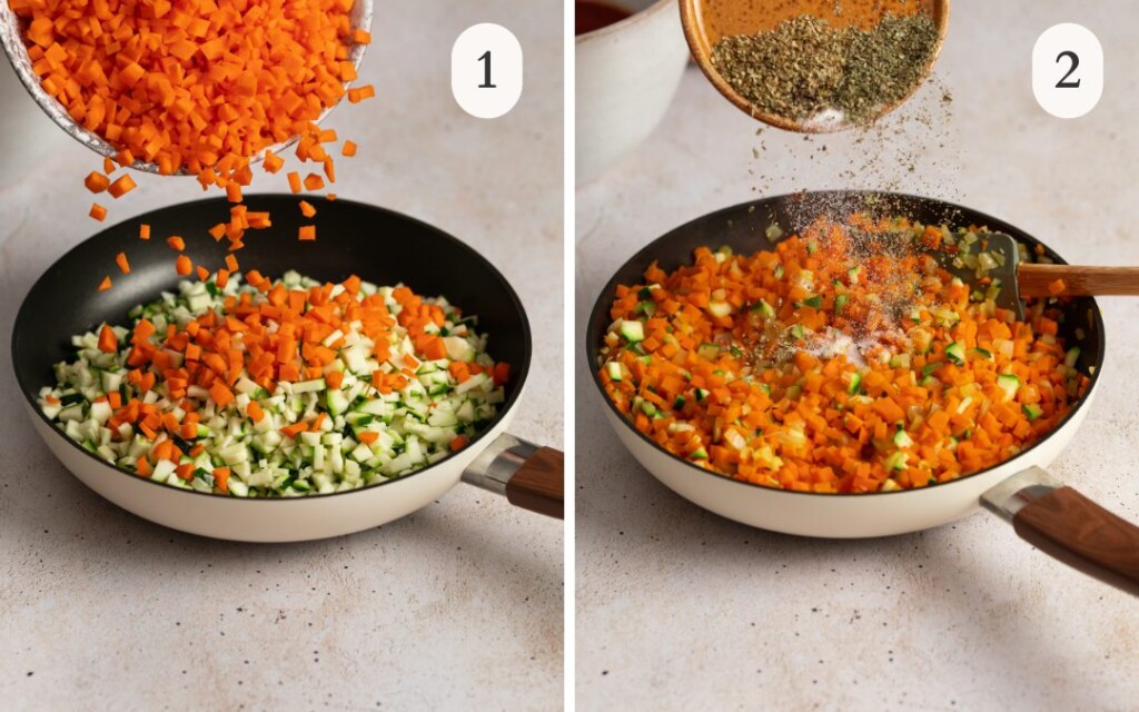 a photo of carrots pouring into a pan with zucchini in it next to a photo of spices pouring into the pan
