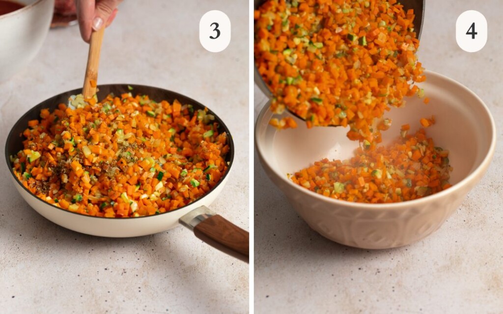 a photo of stirring the pot of veggies next to a photo of the veggies pouring into a bowl
