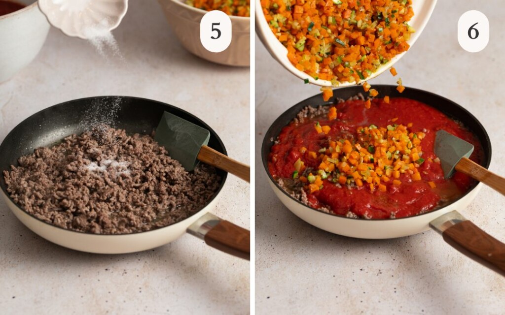 a photo of salt going onto the ground beef in a pan next to the vegetables pouring into the pan with tomato sauce and beef