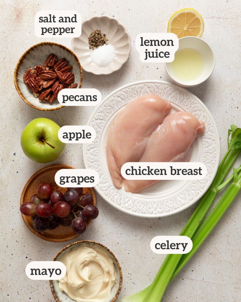 an above view image of the ingredients for waldorf chicken salad with labels on them