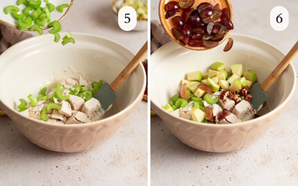 a photo of celery pouring into a bowl next to a photo of grapes pouring into the bowl