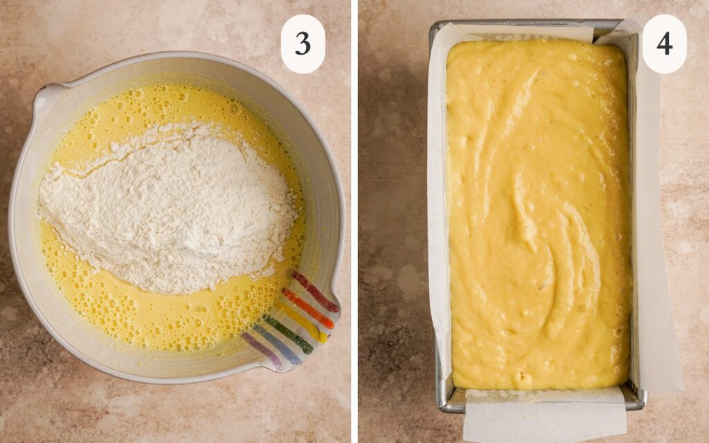 A picture of dry ingredients on top of wet ingredients for banana bread in a large mixing bowl next to a picture of banana bread batter in a loaf pan