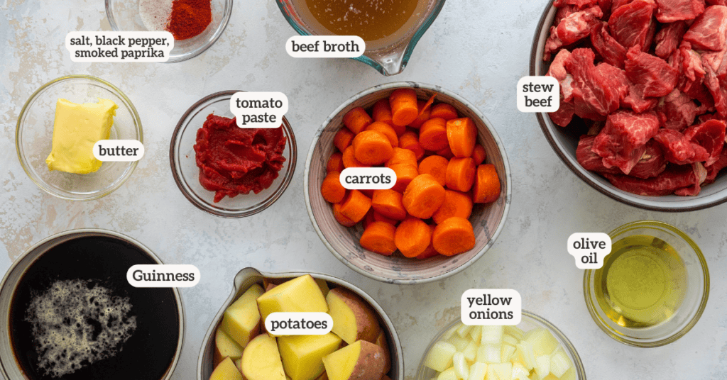 Ingredient for Irish beef stew with labels on each ingredient