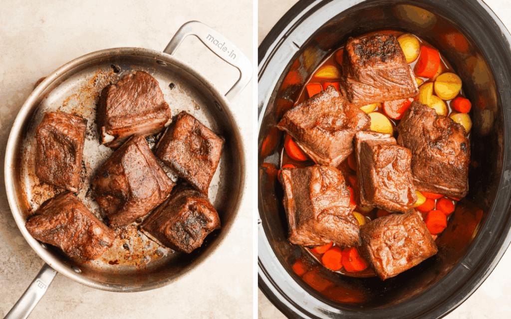 a photo of short ribs searing in a stainless steel pan next to a photo of short ribs in a slow cooker with vegetables