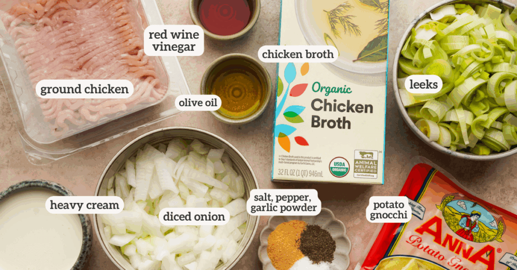 an above view image of the ingredients for chicken gnocchi and leek soup with labels on them