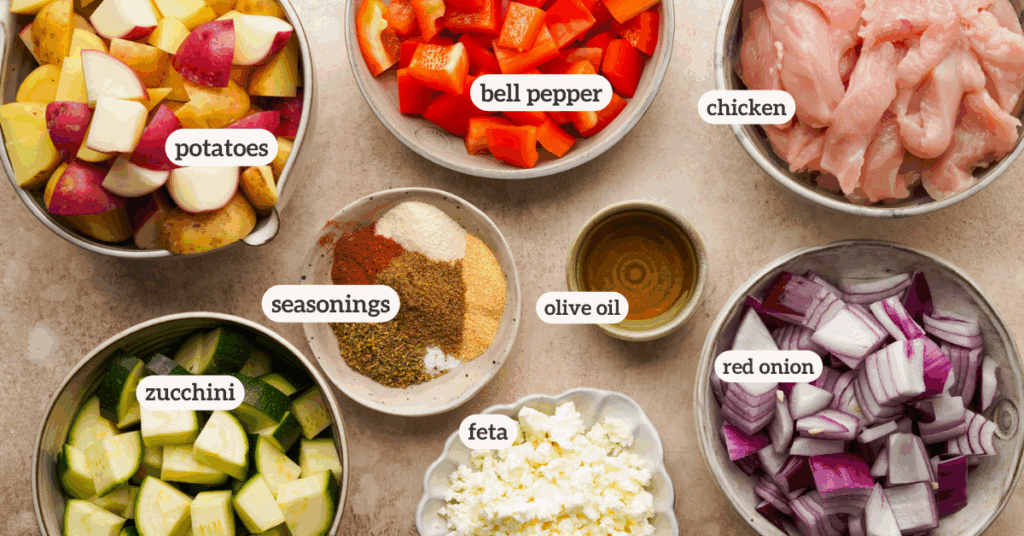 an above view photo of the ingredients for greek sheet pan chicken with labels on them