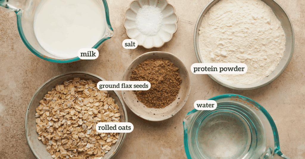 an above view photo of protein oatmeal ingredients with labels on them