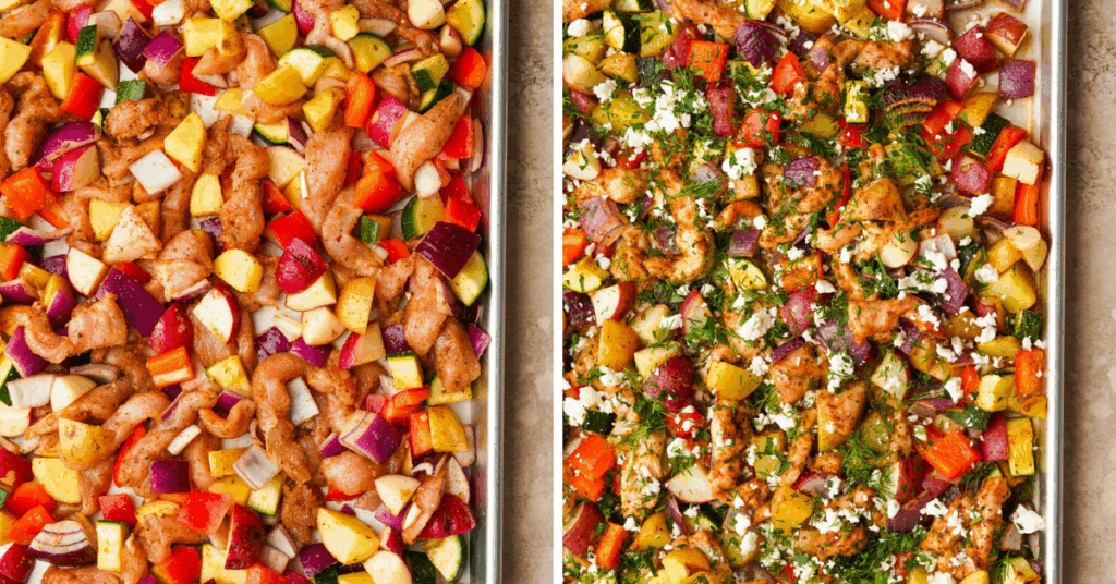 a photo of the raw chicken and veggies on a sheet pan next to a photo of the cooked chicken and veggies